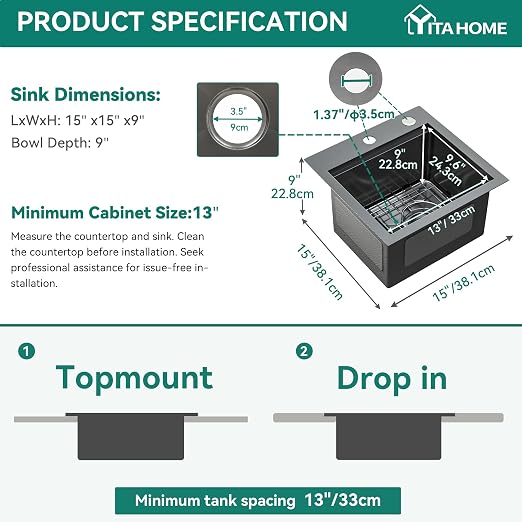 YITAHOME Black Drop In Kitche Sink Workstation, 15" Top Mount Stainless Steel Nano Gunmetal Black Small RV Sink with Cutting Board & Accessories for Workstation, Bar, 15 x 15 x 9 in