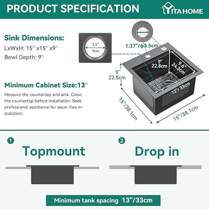 YITAHOME Black Drop In Kitche Sink Workstation, 15" Top Mount Stainless Steel Nano Gunmetal Black Small RV Sink with Cutting Board & Accessories for Workstation, Bar, 15 x 15 x 9 in