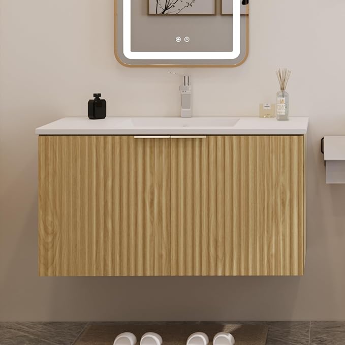 Modern Bathroom Vanity with Wavy Textured Doors - Wall Mounted Floating Cabinet, Soft-Close Waterproof Storage for Small Bathroom, Easy Install (Nature with Sink, 36)