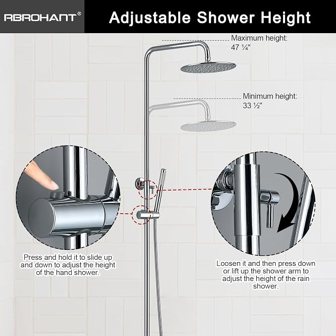 RBROHANT Exposed Shower System with Tub Spout, Polished Chrome Exposed Pipe Shower Faucet with 3 Functions Brass Shower Valve, Shower Height Adjustable, Wall Mounted