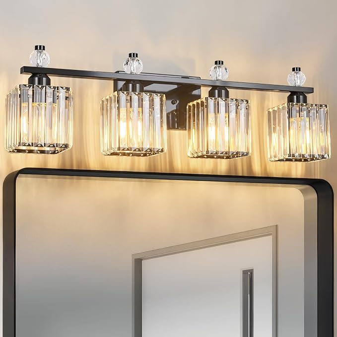 Vanity Lights 4-Light Modern Crystal Vanity Light Plating Black Bathroom Light Fixtures Over Mirror Crystal Bathroom Vanity Lighting Fixtures