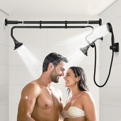 OURBAOFU Tandem Shower, Dual Shower Heads for Couples & Handheld head, Triple Shower Head System for Two People, High Pressure and Adjustable Double Shower Heads and Handheld Shower Head（Black)