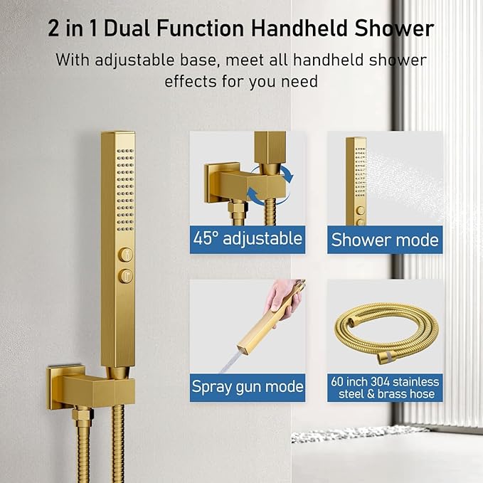 Brushed Gold Shower System, STARBATH Ceiling Mounted 12+6 Inch Rainfall Shower Head with 2 in 1 High Pressure Handhled, Can Use All at Once, Push Button Diverter Thermostatic Valve with Trim Kit