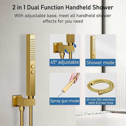 Brushed Gold Shower System, STARBATH Ceiling Mounted 12+6 Inch Rainfall Shower Head with 2 in 1 High Pressure Handhled, Can Use All at Once, Push Button Diverter Thermostatic Valve with Trim Kit