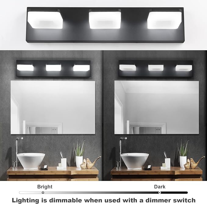 GOODATE 3 Colors Dimmable Black Bathroom Light Fixtures Over Mirror, LED Vanity Lights, Acrylic Stainless Steel 3 Light Bathroom Vanity Light Fixtures, Adjustable 3000K/4000K/6000K, 360° Rotate