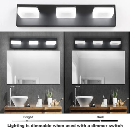 GOODATE 3 Colors Dimmable Black Bathroom Light Fixtures Over Mirror, LED Vanity Lights, Acrylic Stainless Steel 3 Light Bathroom Vanity Light Fixtures, Adjustable 3000K/4000K/6000K, 360° Rotate