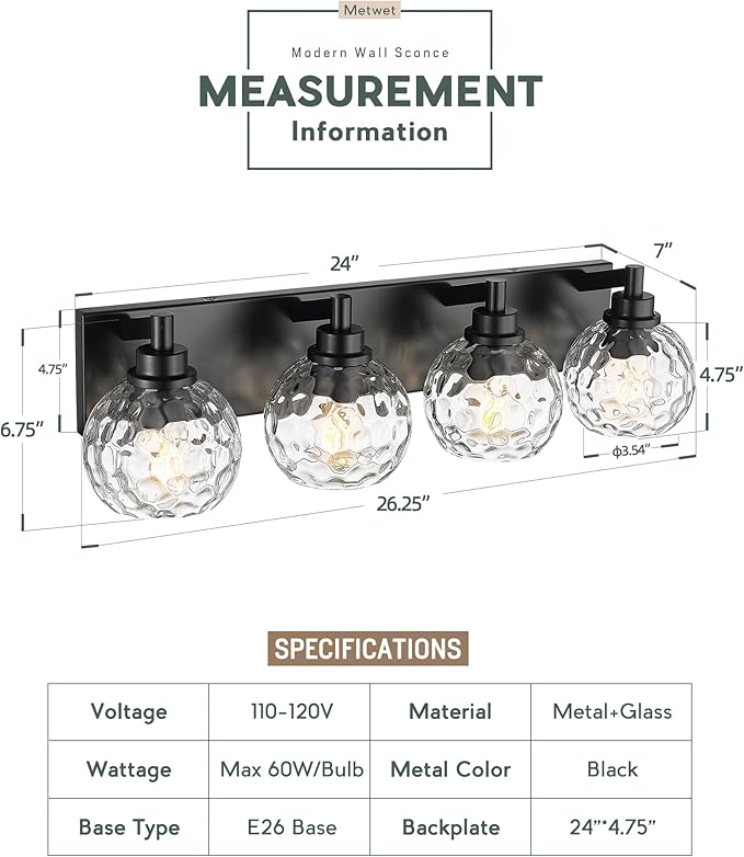 Bathroom Light Fixtures Over Mirror, 26" Matte Black Vanity Light with Clear Hammered Glass Globe Shade, 4-Light Modern Sconces Wall Lighting for Bedroom Hallway, VL200-MB-CL-4