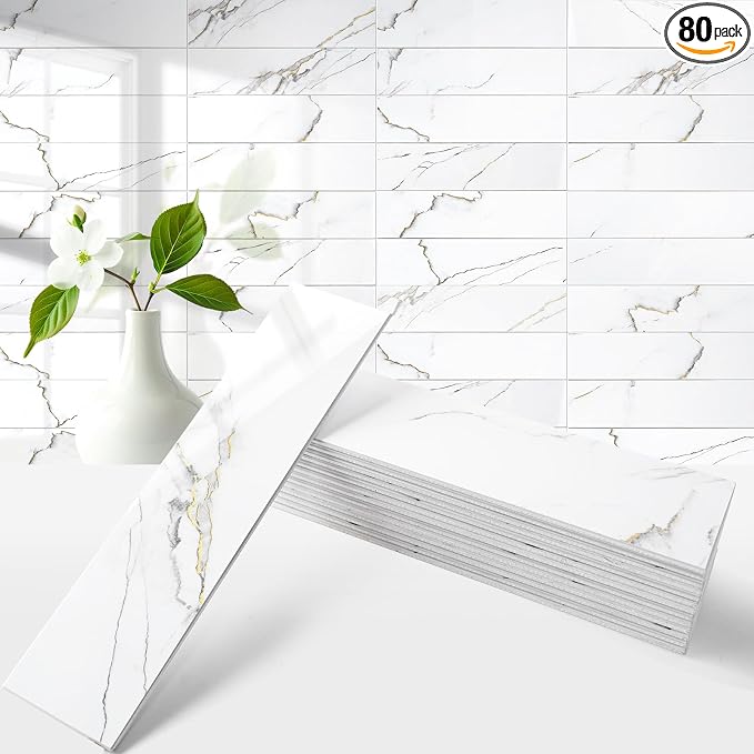 80-Piece Glossy Calacatta Gold Marble Thick PVC Peel and Stick Backsplash, 2" x 8" Waterproof Subway Tile Peel and Stick Wall Tiles for Kitchen and Bathroom