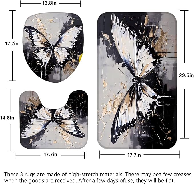 Chrainy 4pcs White Butterfly Shower Cutain Set Bathroom Decor with Rugs | Bath Accessories with Waterproof Curtain, Bath Mat, Toilet Lid Cover, U-Shaped Rug and 12 Hooks for Washroom, 71*71in