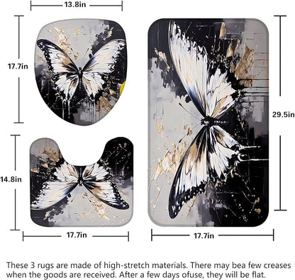 Chrainy 4pcs White Butterfly Shower Cutain Set Bathroom Decor with Rugs | Bath Accessories with Waterproof Curtain, Bath Mat, Toilet Lid Cover, U-Shaped Rug and 12 Hooks for Washroom, 71*71in