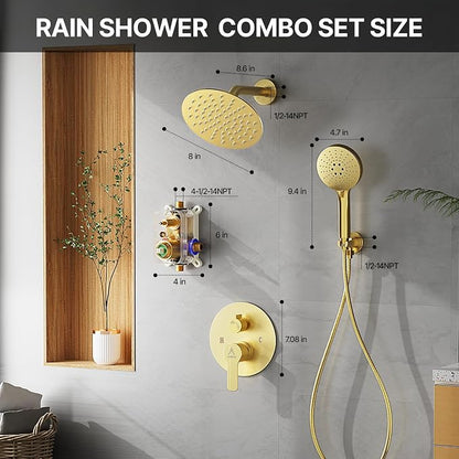 Shower Faucet Set Brass 8IN Rough-In Valve Body Trim Kit Rainfall Included Handle Accessories Complete 2 Functions with Rain Head and Handheld Bathroom Systems (8‘’, Brushed Gold)