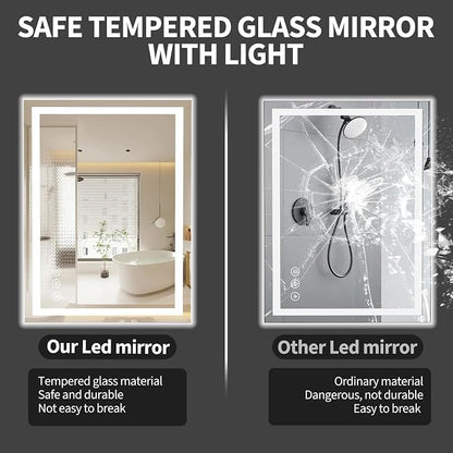Koonmi 28x20 LED Bathroom Mirror, Shatterproof Mirror with Light | 90CRI Vanity Mirror with Anti-fog Backlit + Front Lit, 3 Color, Easy Install for Bathroom Hotel (IP65)