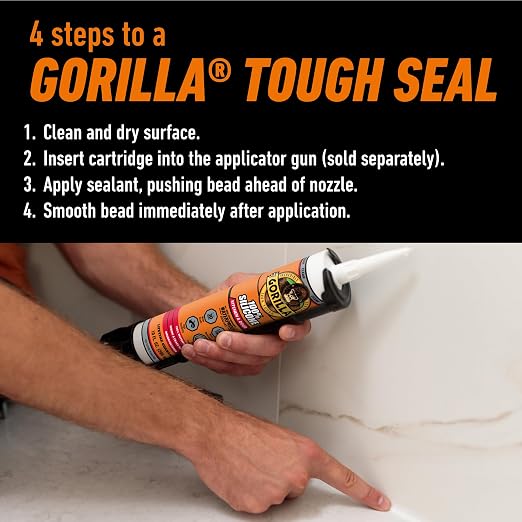 Gorilla 100% Silicone Caulk, Kitchen & Bath Sealant, 10oz Cartridge, Clear | Waterproof & Mold Resistant, Flexible Seal Prevents Shrinking, Great for Showers, Tubs, and Sinks
