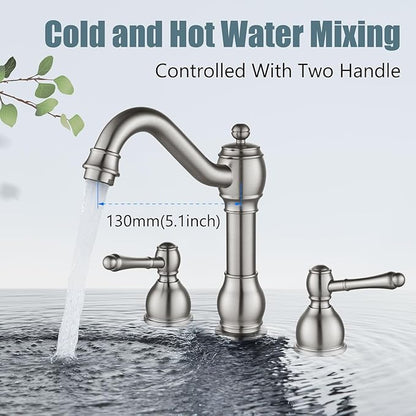 Aolemi 8 Inch Widespread Bathroom Sink Faucet 3 Hole Deck Mount Vanity Basin Mixer Tap with Pop Up Drain Assembly Brushed Nickel Double Lever Handle