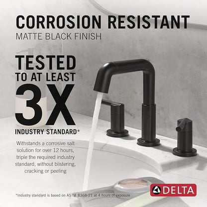 Delta Nicoli Matte Black Bathroom Faucet with Sprayer, 8 Inch 3 Hole Widespread Bathroom Sink Faucet with Pull Out Sprayer, Push-Pop Drain, Matte Black 35849LF-BLPD