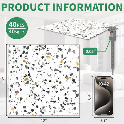 40-Pack 40 Sq.Ft Peel and Stick Floor Tiles Vinyl Matte Pattern Flooring, 12” x 12” Self Adhesive Vinyl Flooring DIY for Kitchen, Bathroom, Laundry, White Terrazzo Marble