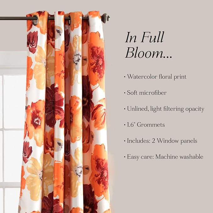 Lush Decor Leah Light Filtering Window Curtain Panels, Pair, 52" W x 95" L, Red & Orange - Floral Drapes for Bedroom - Orange Curtains - Farmhouse Decor