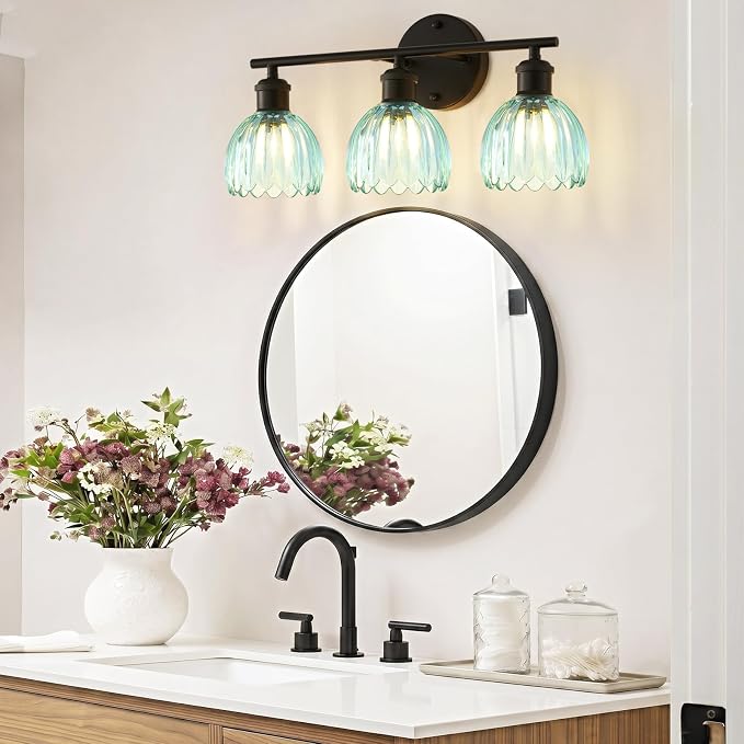 Bathroom Light Fixtures, 3-Light Brushed Black Vanity Lights for Bathroom with Blue Tulip Glass Shade, 20" Vintage Bathroom Vanity Lighting Fixtures Over Mirror for Bedroom Living Room Hallway