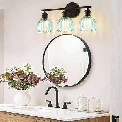Bathroom Light Fixtures, 3-Light Brushed Black Vanity Lights for Bathroom with Blue Tulip Glass Shade, 20" Vintage Bathroom Vanity Lighting Fixtures Over Mirror for Bedroom Living Room Hallway
