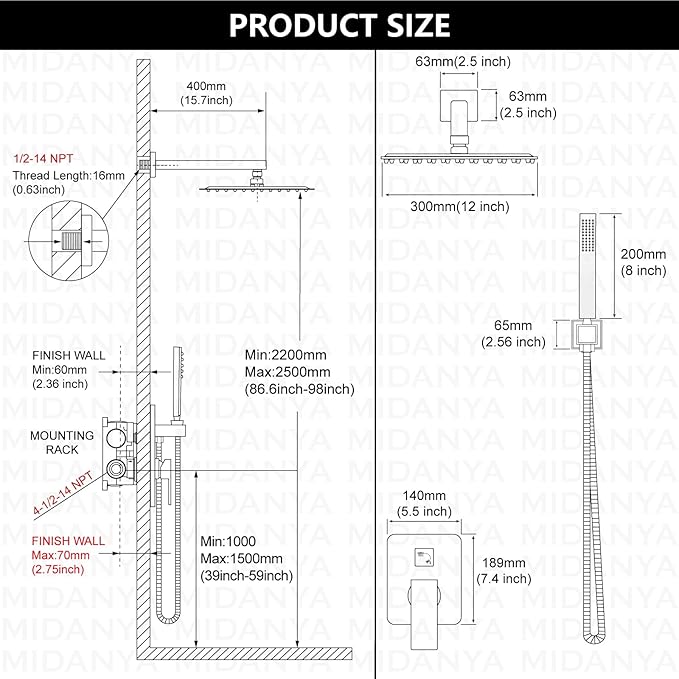 Midanya Shower Faucet Set,Wall Mount Shower System with Square Rain Shower Head and Hand Sprayer, Rough-in Valve Body and Trim Kit Included,12 Inch,Matte Black