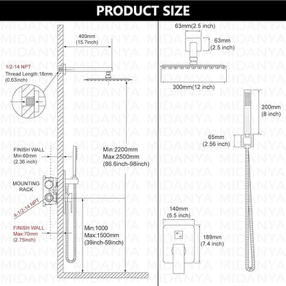 Midanya Shower Faucet Set,Wall Mount Shower System with Square Rain Shower Head and Hand Sprayer, Rough-in Valve Body and Trim Kit Included,12 Inch,Matte Black