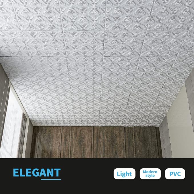 Art3d Decorative PVC Drop Ceiling Tile 2ft x 2ft in White,Glue up Ceiling Panel 24 x 24in.12pcs | Waterproof, Break-Proof, Wipeable Surface, Scratch Resistant, Compatible with Grid System, Ideal for Commercial Spaces