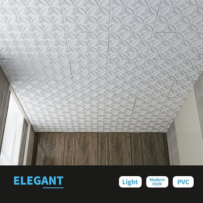 Art3d Decorative PVC Drop Ceiling Tile 2ft x 2ft in White,Glue up Ceiling Panel 24 x 24in.12pcs | Waterproof, Break-Proof, Wipeable Surface, Scratch Resistant, Compatible with Grid System, Ideal for Commercial Spaces