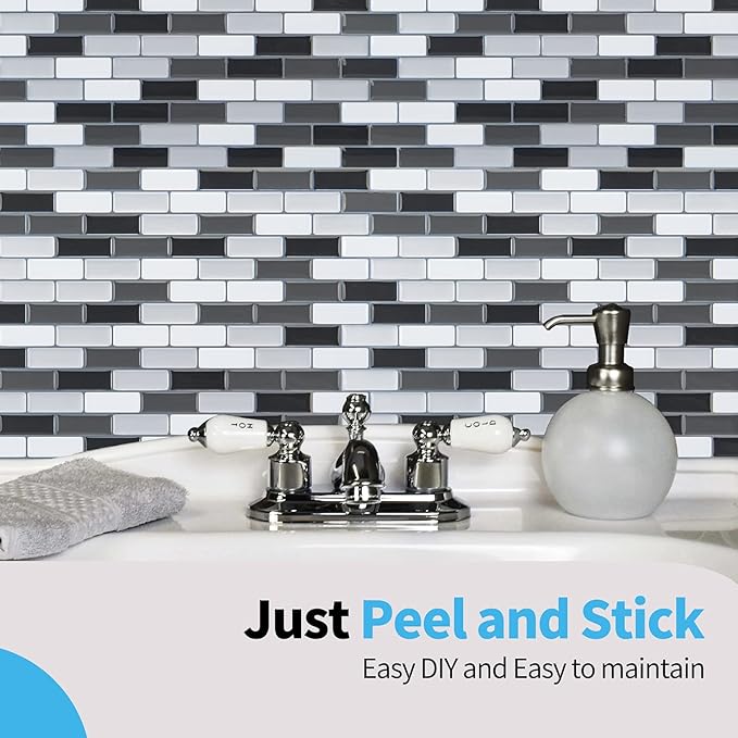 Art3d Peel and Stick Wall Tile for Kitchen/Bathroom Backsplash, 12"x12", Black-White (6 Pack)