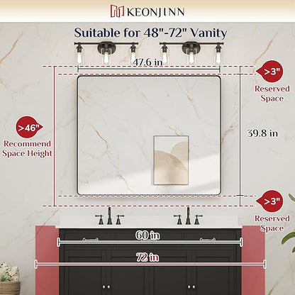 Keonjinn Black Framed Mirrors for Bathroom 48” x 40” Large Rounded Rectangle Wall Mirror, Matte Black Farmhouse Bathroom Vanity Mirror with Seamless Metal Frame, HD Tempered Glass(Horizontal/Vertical)
