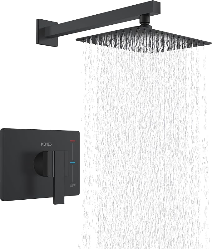 KENES Matte Black Shower Faucet Set, Square Shower Head and Handle Set | Shower Faucet with 10-Inch Rain Shower Head, Square Shower System, Valve Included, Lead-Free cUPC & NSF Certified, Stainless
