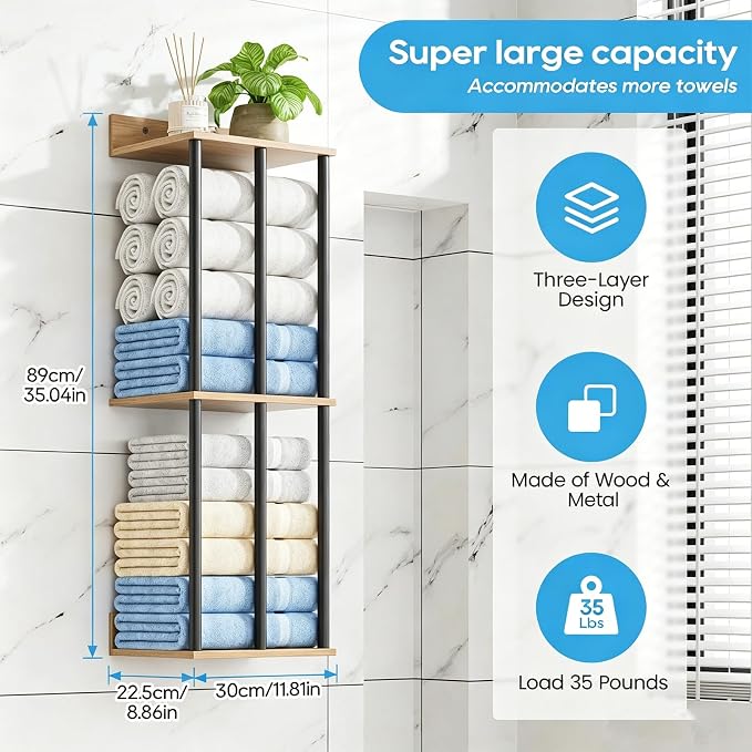 Towel Racks for Bathroom Wall Mounted with Wooden Storage Shelf | Updated 3 Bar Metal Towel Holder for Rolled Towels, Sturdy and Large Capacity, Towel Storage Organizer