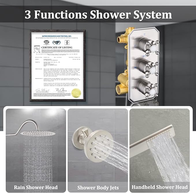 12 Inch Thermostatic Shower System with 3 Handles Diverter, Luxury Round Rain Shower Head with Handheld Spray, High Pressure Shower Faucet Combo Set with Rough-in Valve, Brushed Nickel