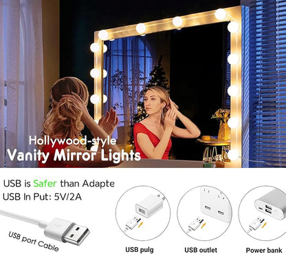 LED Vanity Mirror Lights,Hollywood Style,14 Bulbs Makeup Light | Stick On for Dresser Mirror,3 Color Lighting & Dimmable,Bright,No Drill,Power Off Memory,High CRI Shadow-Free,USB 5V,Pink