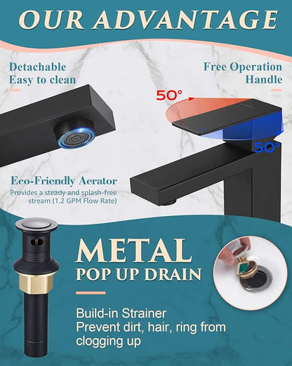 Single Hole Bathroom Faucet, 1-Handle Bathroom Sink Faucet with Pop-Up Drain, 304 Stainless Steel Matte Black for Modern Bath/Vanity