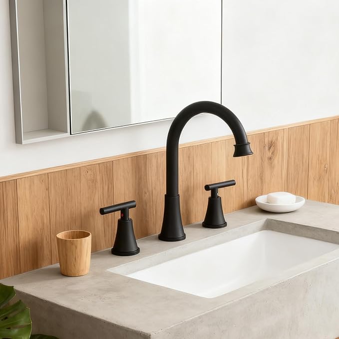 HOTIS Black Bathroom Faucet 3 Hole, 2 Handle 360° Swivel Matte Black 8 Inch Widespread Bathroom Sink Faucet, Lavatory Sink Faucet with Pop-up Drain and Supply Lines, HT-BF302