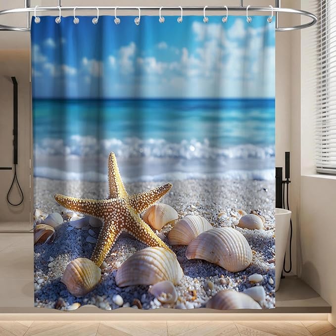 Modern Beach Ocean Shower Curtain Summer Tropical Aesthetic Seashell Nature | Scenic Shower Curtains for Bathroom, Waterproof Bath Curtain with Hooks Machine Washable Bathtub Curtains 72x78 Inch Blue
