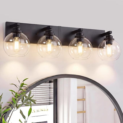 LmnLvn Bathroom Light Fixtures, Farmhouse Black & Metal with Globe Glass | 4-Light Rustic Vanity Lights,Easy To Install, Mounted Over Mirror for Bathroom, Bedroom & Hallway