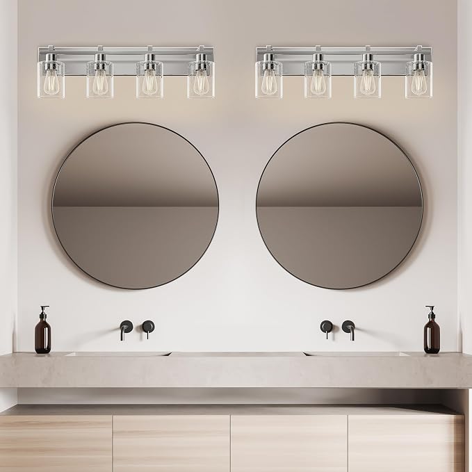4-Light 30inch Brushed Nickel Vanity Light, Thickened Seeded Glass | Over Mirror for Bathroom, Rust Resistant, E26 Base, Easy Install, Removable Glass Shade Horizontal Mount, Dimmable
