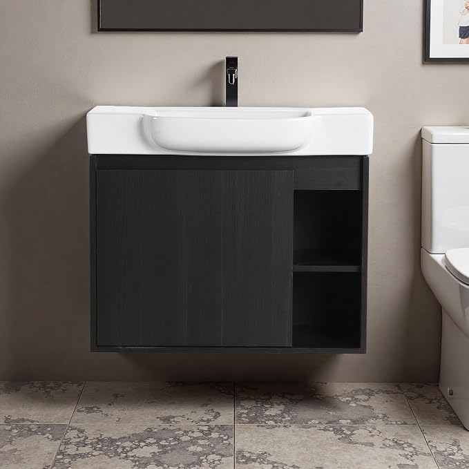 28" Bathroom Vanity with Ceramic Sink, Farmhouse Cabinet, Dark Oak | Ceramic Sink, Soft-Close Door, Interior Compartment and 2-Tier Open Side Shelves, 45° Inclined Edge Handle