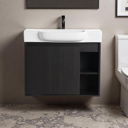 28" Bathroom Vanity with Ceramic Sink, Farmhouse Cabinet, Dark Oak | Ceramic Sink, Soft-Close Door, Interior Compartment and 2-Tier Open Side Shelves, 45° Inclined Edge Handle