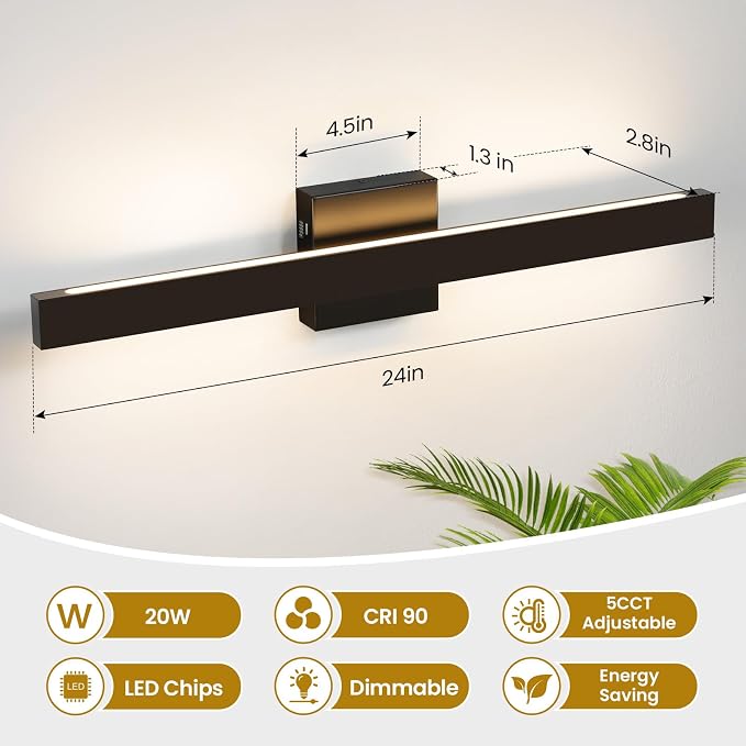 24 Inch Modern Vanity Light Black Bathroom Lighting Fixture with Up & Down Lighting 5CCT Dimmable LED Vanity Light Bar Over Mirror for Bathroom Bedroom Restroom