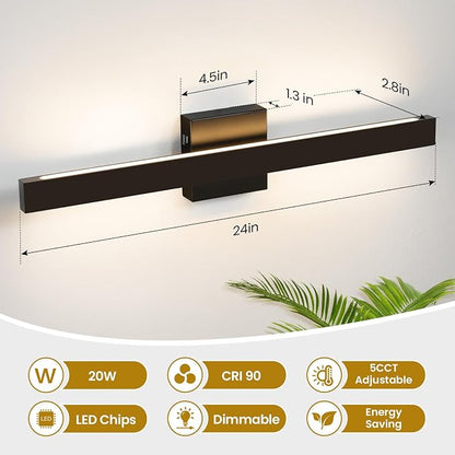 24 Inch Modern Vanity Light Black Bathroom Lighting Fixture with Up & Down Lighting 5CCT Dimmable LED Vanity Light Bar Over Mirror for Bathroom Bedroom Restroom