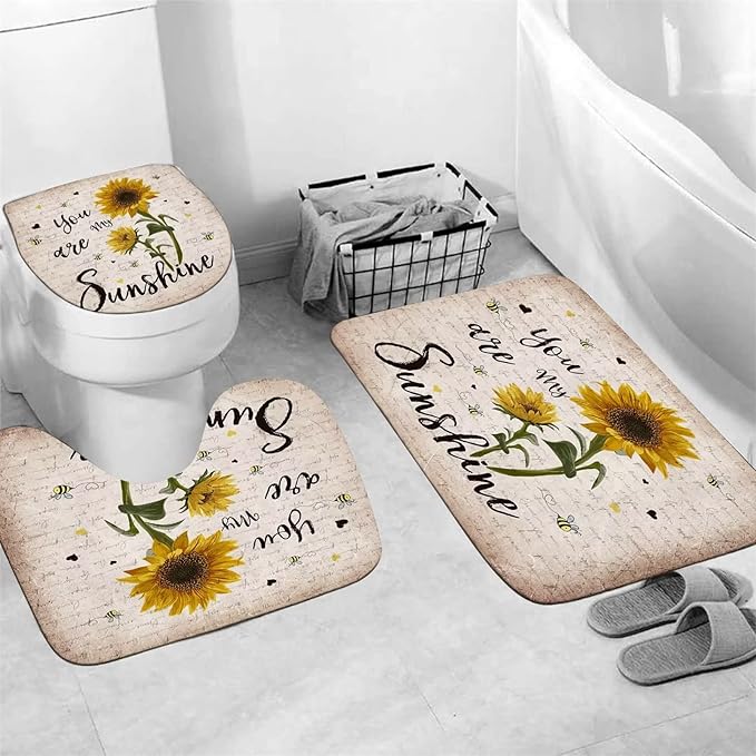 AZHM 4pcs Sunflower Shower Curtain Set with Rugs You are My Sunshine Bathroom Decor Set Bathroom Curtains Shower with 12 Hooks
