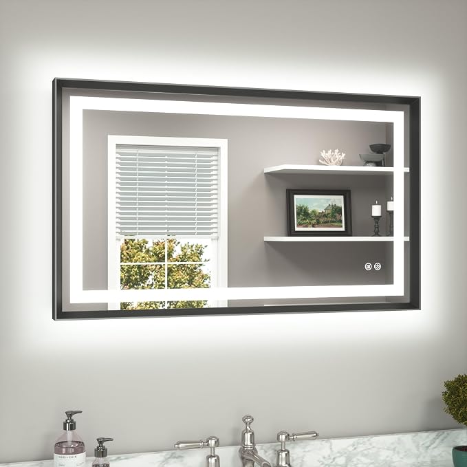Led Bathroom Mirror 40 x 24 with Brushed Black Frame Anti-Fog Frontlit & Backlit Vanity Mirror Stepless Dimmable Lighted Mirrors for Bathroom Wall 3 Colors White/Warm/Natural Wall-Mounted