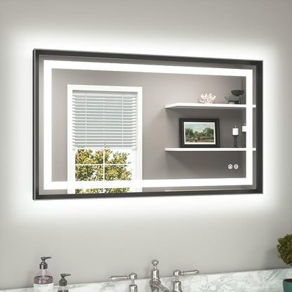 Led Bathroom Mirror 40 x 24 with Brushed Black Frame Anti-Fog Frontlit & Backlit Vanity Mirror Stepless Dimmable Lighted Mirrors for Bathroom Wall 3 Colors White/Warm/Natural Wall-Mounted