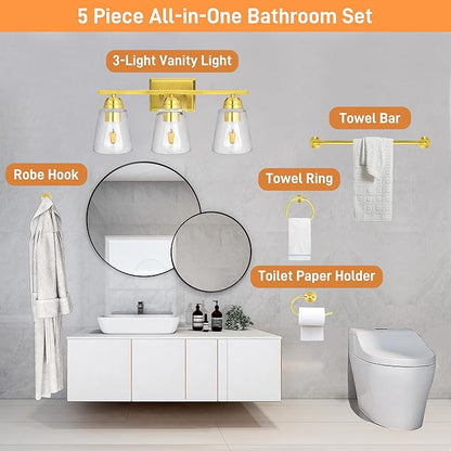 hykolity 3-Light Vanity Light Fixture, 5-Piece All-in-One Bathroom Set with Towel Bar, Ring, Robe Hook & Toilet Paper Holder for Bathroom Mirror Lighting, Gold Wall Light with Glass Shade