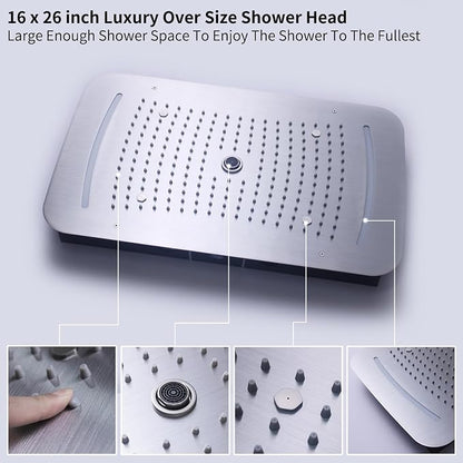 3 Functions Shower Head System Chrome Shower Faucet Set | 16X26 inch Ceiling Shower, 6 Body Jet, Handheld Shower, Temperature Display, 5 Functions Can All Run Together