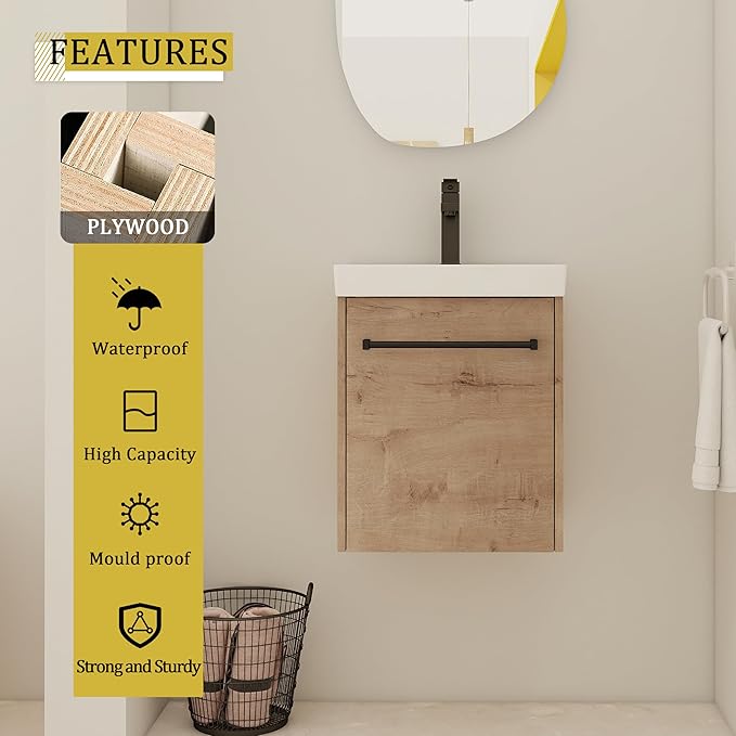 KEIKI 18'' Bathroom Vanity Cabinet with Sink, Wall Mounted Floating Bathroom Vanity with Soft-Close Cabinet Door, for Small Bathroom, Imitative Oak