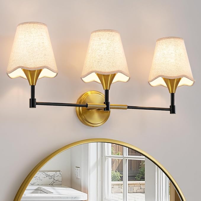 Black Gold Bathroom Vanity Light: 3 Light Vanity Lighting Fixtures with Flared Fabric Shade, Farmhouse Bathroom Lighting Fixtures over Mirror, Wall Sconce Lights for Bedroom Hallway Living Room