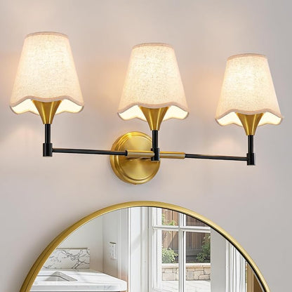 Black Gold Bathroom Vanity Light: 3 Light Vanity Lighting Fixtures with Flared Fabric Shade, Farmhouse Bathroom Lighting Fixtures over Mirror, Wall Sconce Lights for Bedroom Hallway Living Room